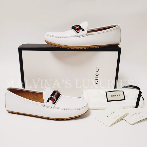 GUCCI SHOES MENS DRIVER MOCCASINS HORSEBIT WEB WHITE LEATHER sz 8.5G 9 - Picture 3 of 16